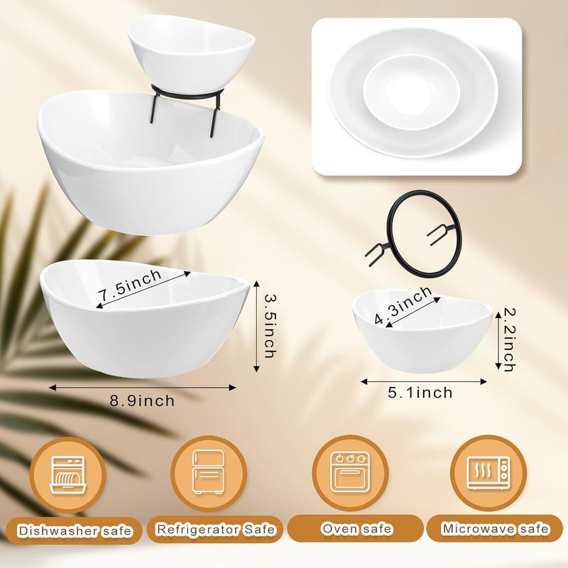 Singhoow 2 Set Chip and Dip Serving Set 2 Tier Chip and Dip Serving Dish Porcelain Appetizer Bowl and Platter with Stand for Food Taco Bar Salad Display Dessert Entertaining Party(Black,Classic Style) - Image 2